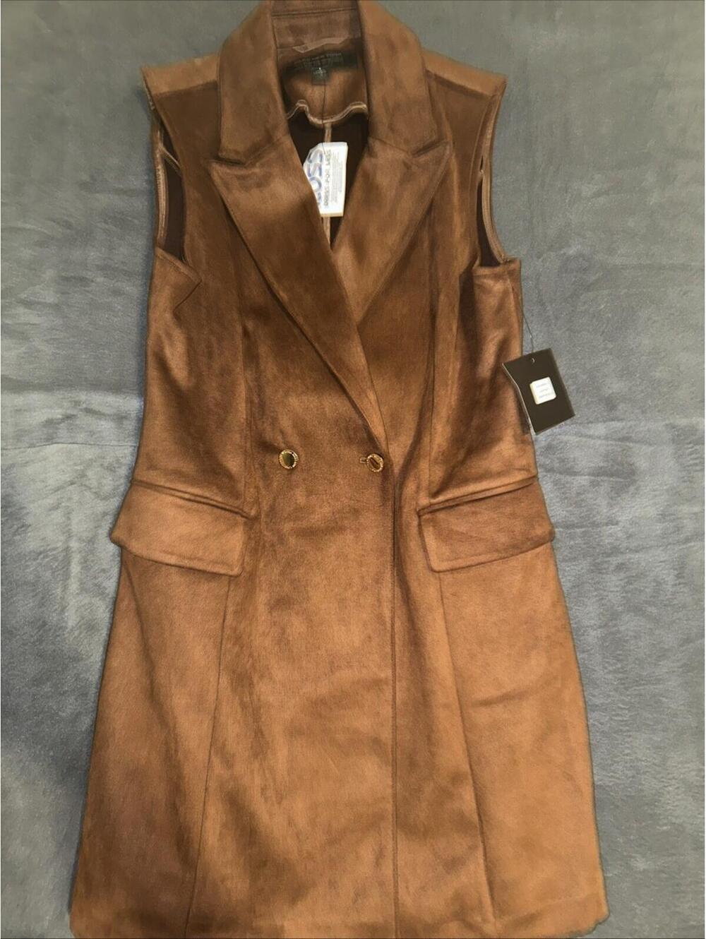NWT Marc New York Andrew Marc Long Vest Womens Small Brown Faux Suede Sleeveless